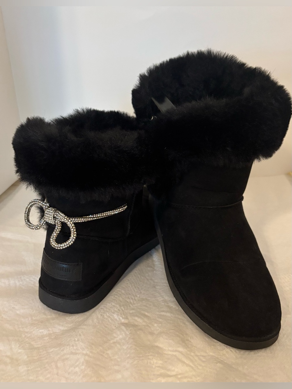 Juicy Couture Black Faux-Fur Cuff Cutie Booties w Rhinestone Bows